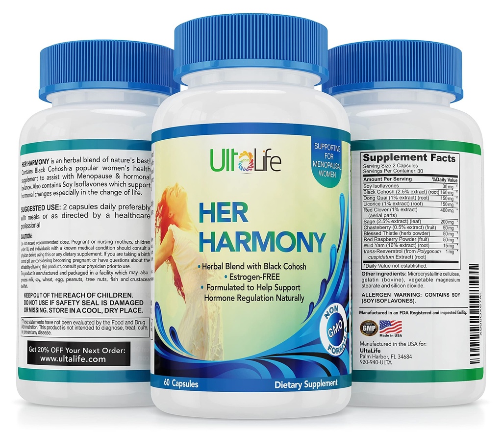UltaLife Her Harmony Menopause Supplements for Women - Hot Flashes Menopause Relief & Hormone Balance for Women - Contains Black Cohosh, Dong Quai, Red Clover & More - Estrogen Free - 60 Capsules