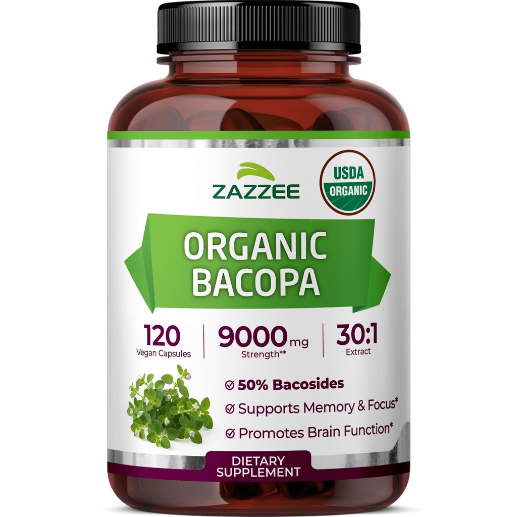 Zazzee USDA Organic Bacopa 30:1 Extract, 50% Bacosides, 120 Vegan Capsules, 4 Month Supply, Bacopa Monnieri, Cognitive, Brain & Memory Support, Non-GMO, Organic Herbal Supplement, Made in the USA