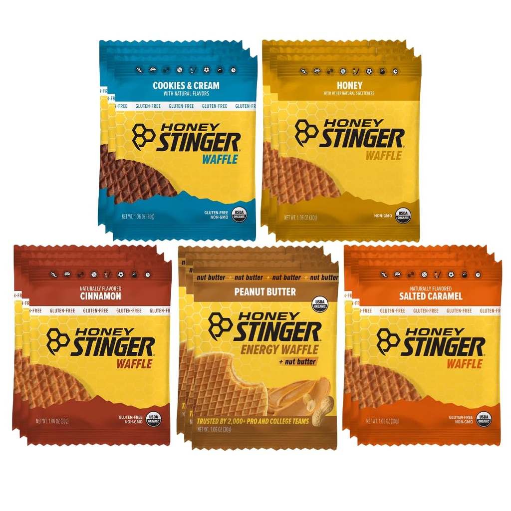 Honey Stinger Energy Waffle Variety Pack – 15 Count (3 Each: Honey, Vanilla, Cinnamon, Salted Caramel, Cookies & Cream) – Organic Honey Energy Snack for Sports, Fitness, Outdoor Activities & On-the-Go Fuel