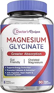 Doctor's Recipes Magnesium Glycinate Supplement, Amino Acid Chelated, Non Buffered, Υψηλή απορρόφηση, Εύκολη στο στομάχι, Υποστήριξη Ηρεμία, Οστό, καρδιά, ενέργεια, νεύρο, 90 Vegan κάψουλες