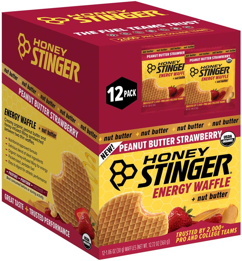 Honey Stinger Organic Peanut Butter & Strawberry Waffle Snacks - USDA Organic, Kosher Certified, Gluten-Free, Energy-Boosting Wafers with Honey, No Artificial Flavors or Preservatives, Pack of 12