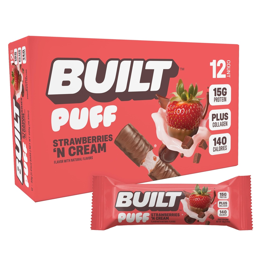 BUILT Bar Puff Protein Bars - Strawberries 'N Cream - 15g Protein Snack Bars with Collagen - Calorie Conscious & Gluten Free - 12 Count