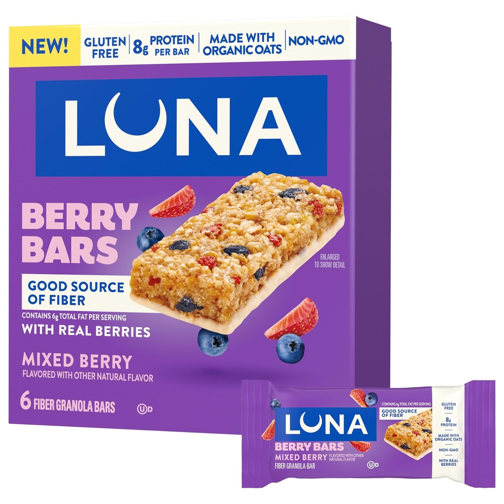 LUNA Berry Bars - Mixed Berry Flavor - Fiber Granola Bars - Non-GMO - Gluten Free Protein Bars - Made with Organic Oats (6 Pack)
