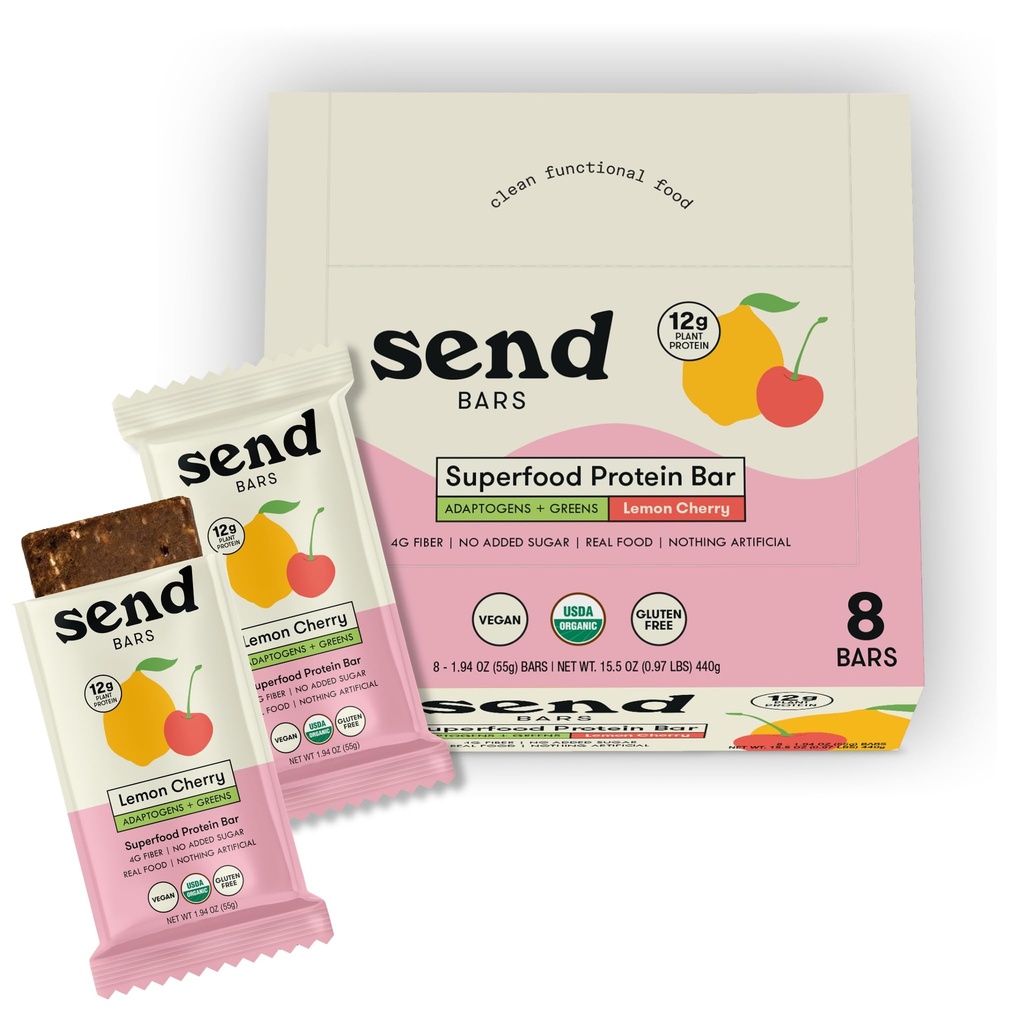 SEND Bars Organic Plant Based, Vegan, Healthy Protein Bars with Greens (Organic Lemon Cherry, 8 Bars) – Only Real Food Ingredients, No Added Sugar, Gluten Free, Dairy Free, Non-GMO, Healthy Snacks