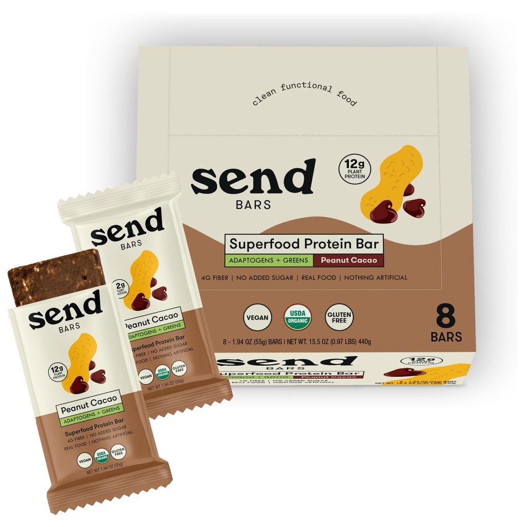 SEND Bars Organic Plant Based, Vegan, Healthy Protein Bars with Greens (Organic Peanut Cacao, 8 Bars) – Only Real Food Ingredients, No Added Sugar, Gluten Free, Dairy Free, Non-GMO, Healthy Snacks