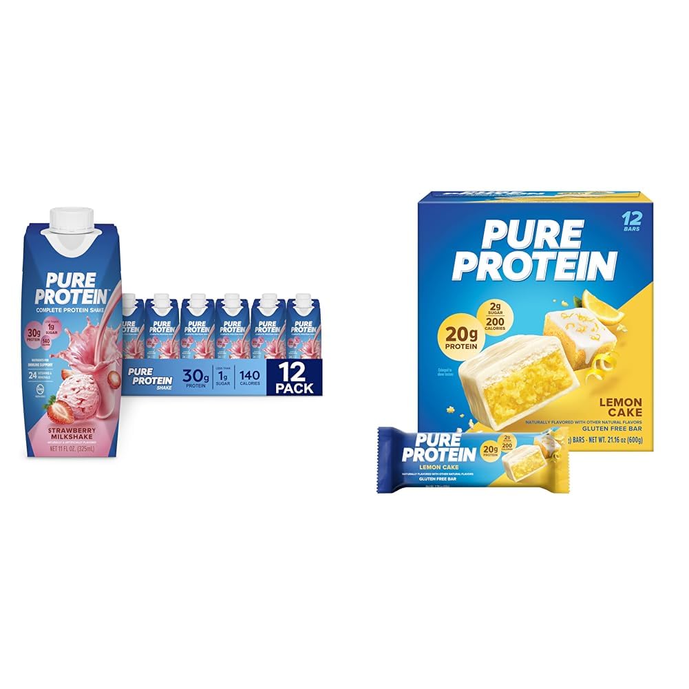 Pure Protein Strawberry Protein Shake, 30g Protein, 12 Pack and Pure Protein Lemon Cake Bars, 20g Protein, 12 Count