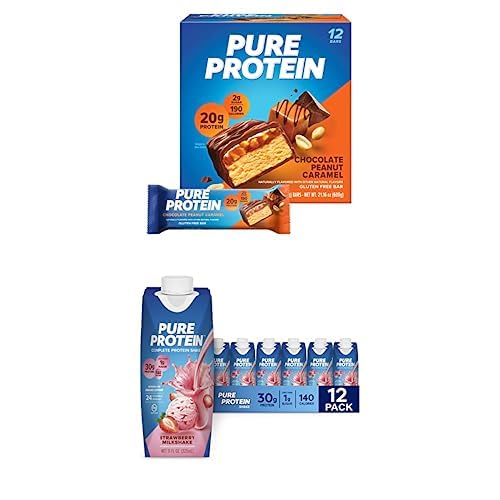 Protein on the Go Bundle: Pure Protein Bars, Chocolate Peanut Caramel, 1.76oz, 12 Count + Pure Protein Strawberry Milkshake Protein Shake, 11oz Bottles, 12 Pack