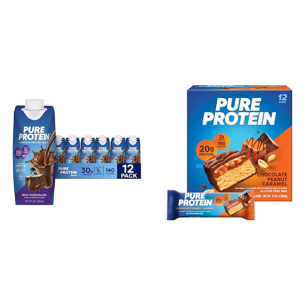 Pure Protein Chocolate Protein Shake, 30g Protein, 12 Pack and Pure Protein Bars, 20g Protein, Chocolate Peanut Caramel, 12 Count