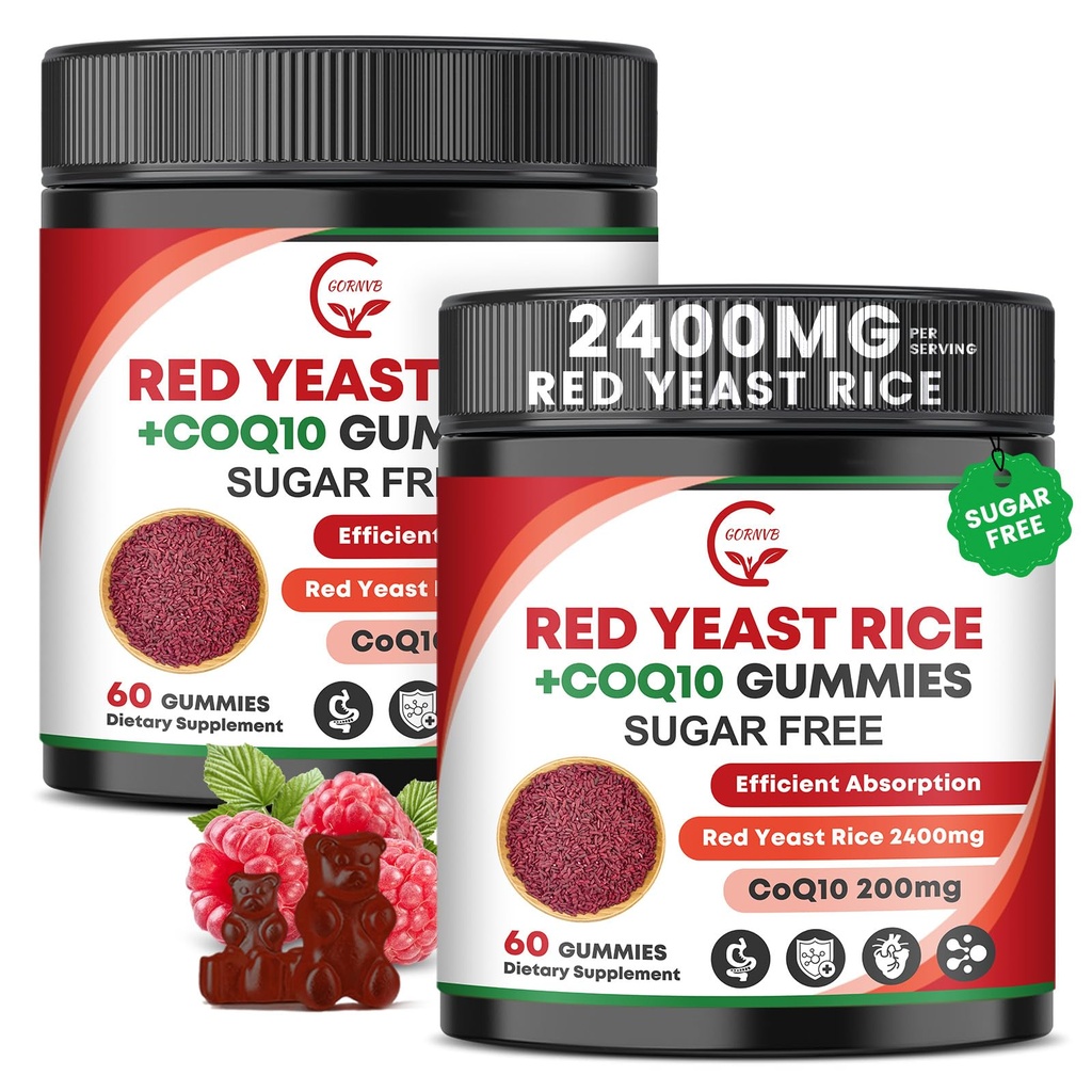 Red Yeast Rice with Coq10 Gummies, Red Yeast Rice 2400 mg with CoQ10 200 mg for Cholesterol Support, Heart Health Supplement, Sugar Free, Non-GMO, Vegan – 120 Counts