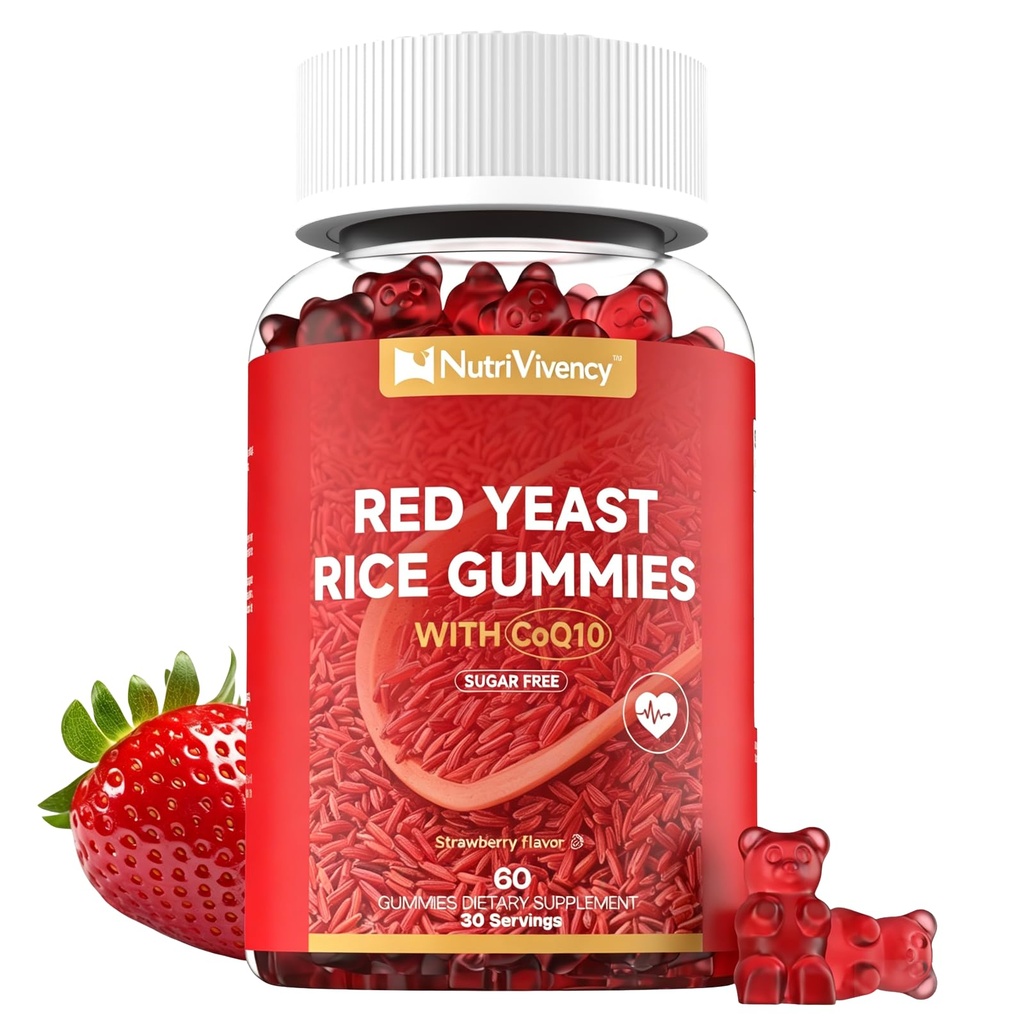 Red Yeast Rice with Coq10 Gummies, Red Yeast Rice 2400mg with Coq10 200mg Supplements, Sugar Free, Vegan, Non-GMO, Strawberry Flavor, 60 Counts