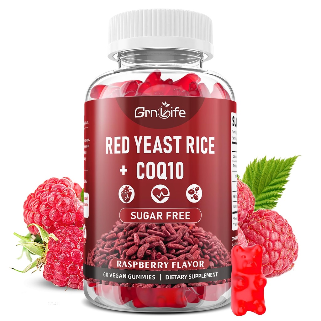 Red Yeast Rice with Coq10 Gummies, Red Yeast Rice Supplement, Sugar Free, Raspberry Flavor, 60 Count