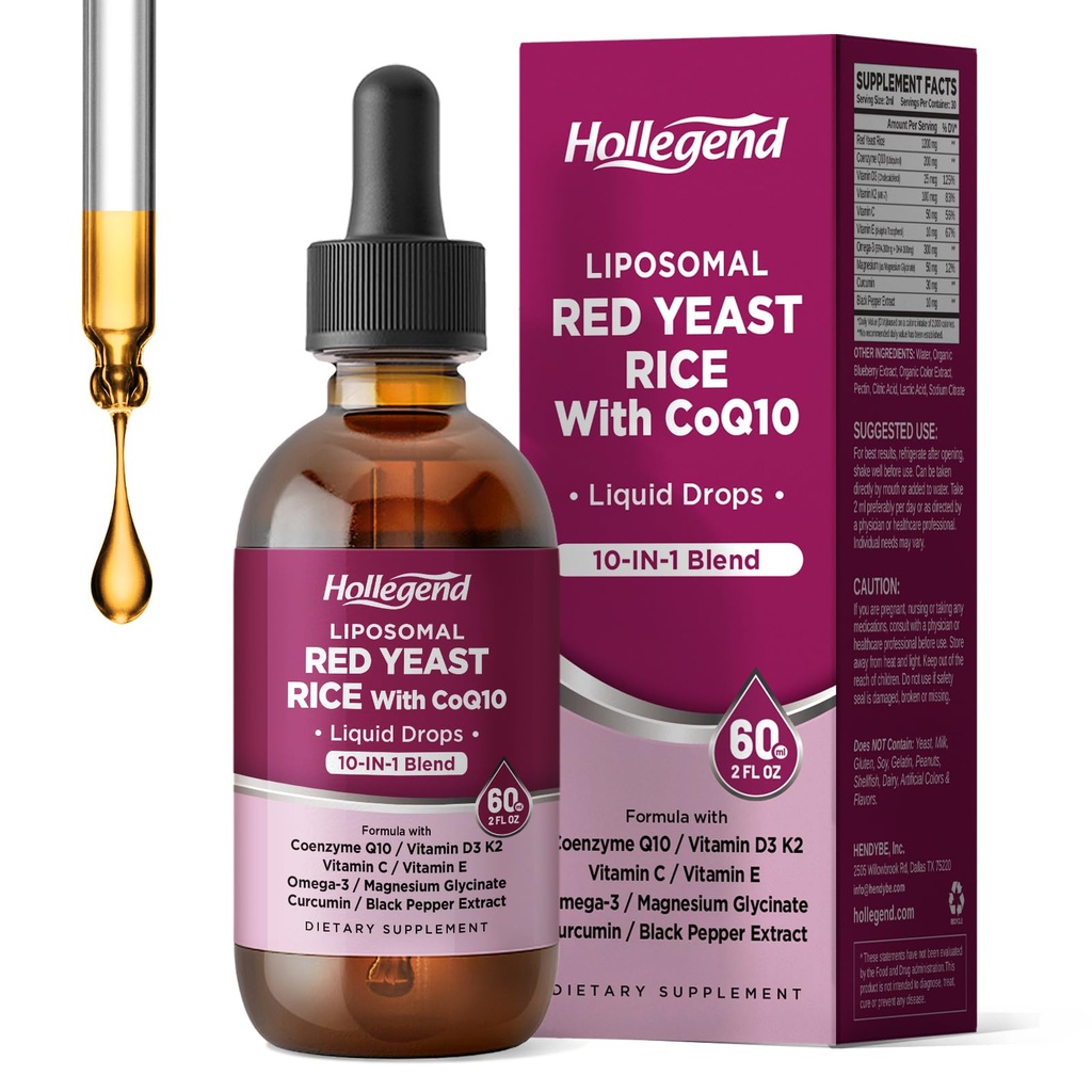 Liposomal Red Yeast Rice with CoQ10 Liquid Drops, Organic Red Rice Yeast Extract with Citrus Bergamot,Omega-3,Magnesium Glycinate, Vitamin D3 K2,Vegan,Natural Blueberry Flavor,2 FL OZ