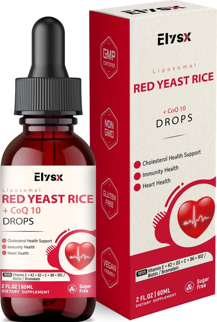 Liposomal Red Yeast Rice with Coq10 Liquid Drops, Red Rice Yeast for Cholesterol Health, Immune & Heart Support, with Biotin, Bromelain & Vitamins, 2 FL OZ
