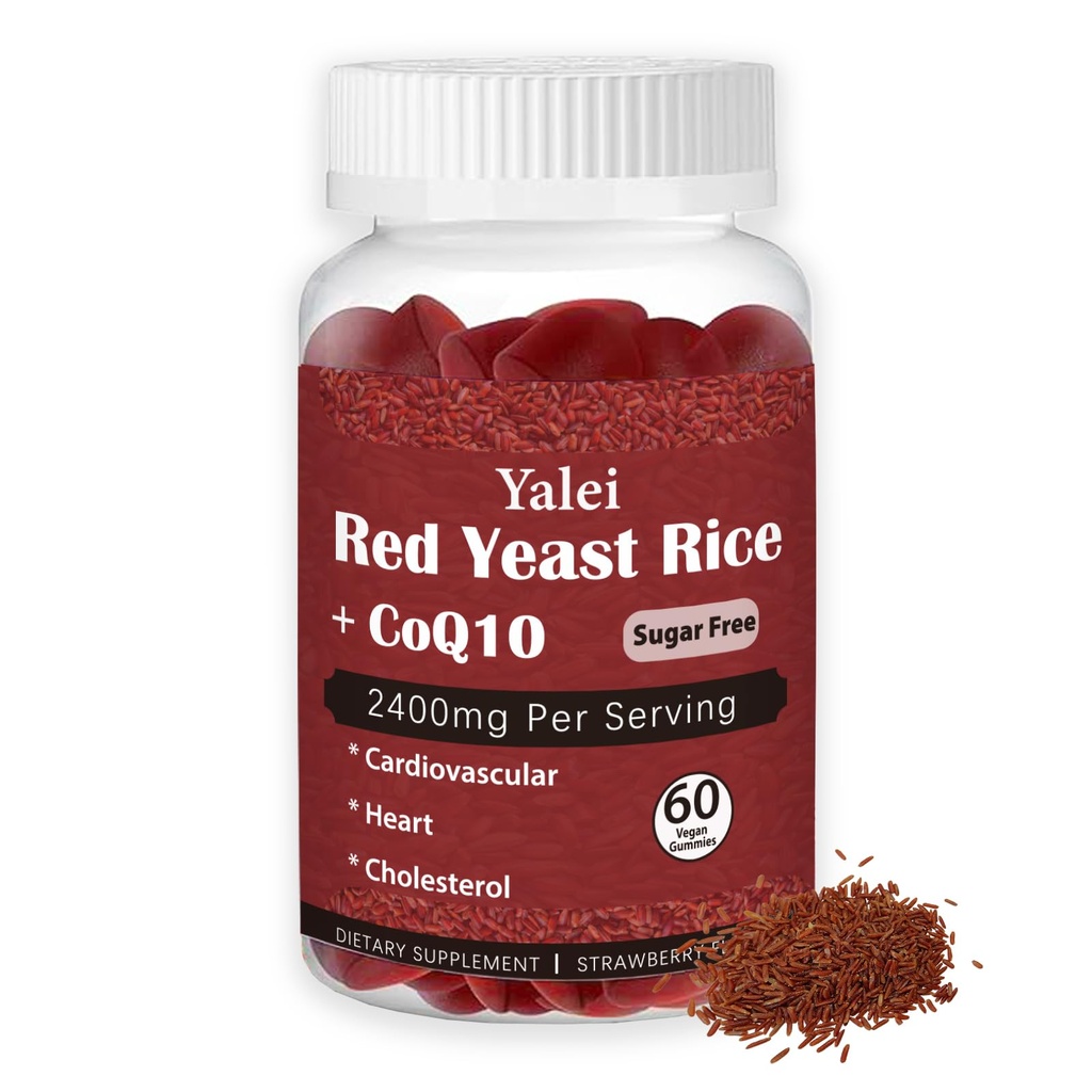 Premium Red Yeast Rice with CoQ10 Gummies for Heart & Cholesterol Support | Sugar Free, Strawberry Flavor | 60 Gummies (30 Day Supply) | Vegan, Non-GMO