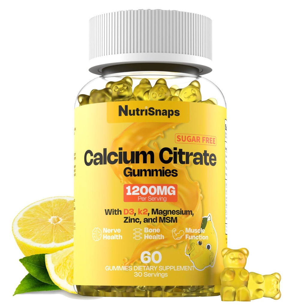 Χωρίς ζάχαρη Ασβέστιο Κιτρικό Gummys 1200mg με βιταμίνη D3 K2, Μαγνήσιο, Ψευδάργυρο, MSM για άνδρες και γυναίκες, Οστό, Μύες, Ανοσοποιητική Υποστήριξη, Ultimate Απορρόφηση Συμπλήρωμα ασβεστίου, Vegan, 60 Count