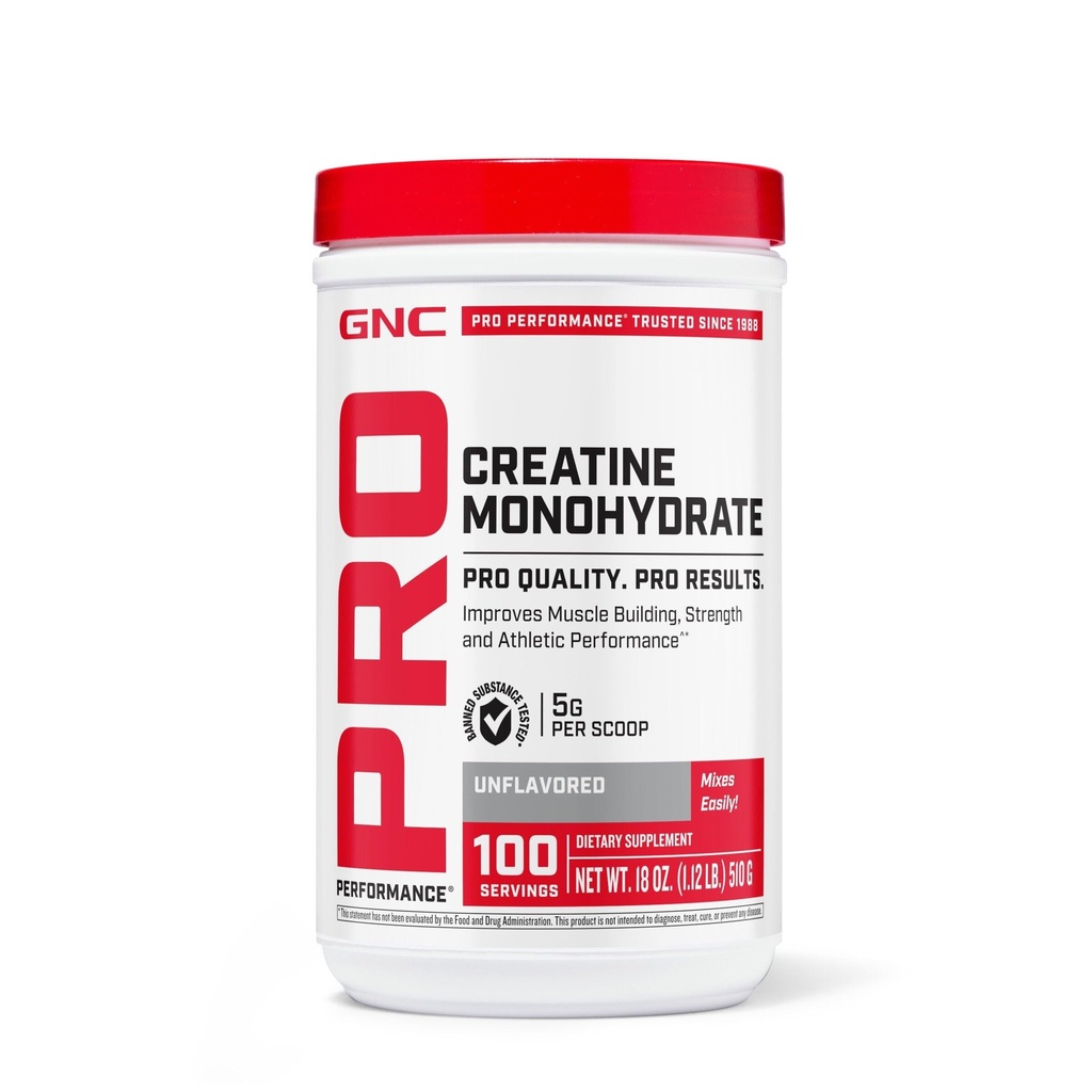 GNC Pro Performance Creatine Monohydrate Powder for Women & Men, 5g Creatine Per Serving, Muscle Building, Energy Production, Endurance, Performance, 100 Servings