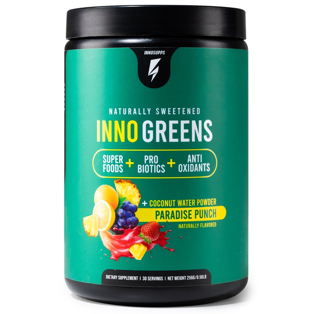 Inno Greens | 28+ Organic Greens & Superfoods | Advanced Prebiotics + Probiotics | Super Antioxidant + Hydration | Spirulina, Chlorella, Ashwagandha | Natural, Non-GMO | 30 Servings (Paradise Punch)