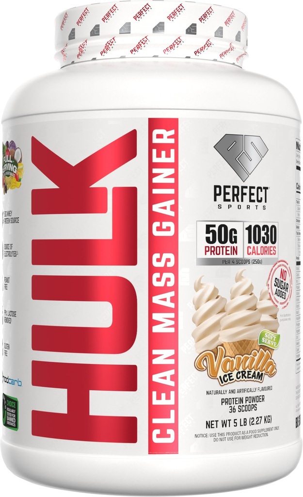 PERFECT SPORTS Hulk Clean Mass Gainer | 50g Whey Protein | Full Serving of Fruits & Veggies | 99% Removed Lactose & Gluten Free | 5 Pounds (Vanilla Ice Cream)