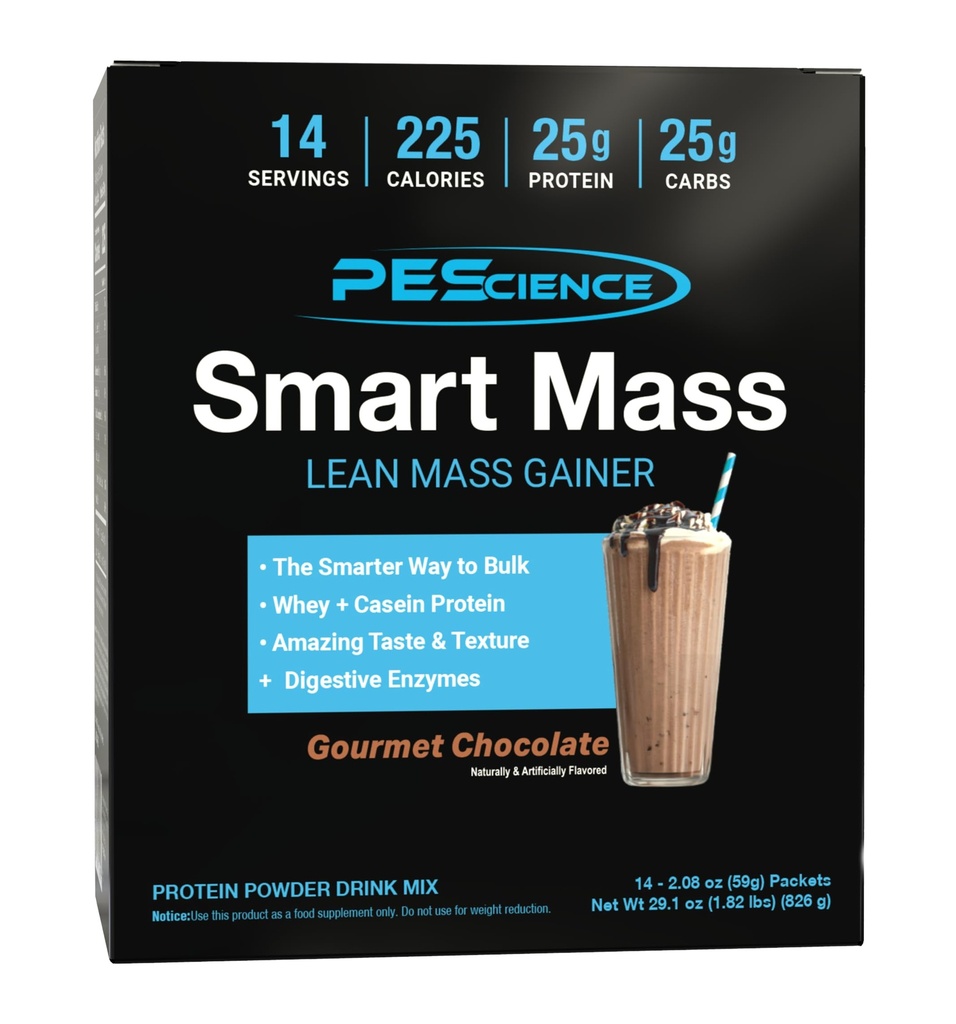 PEScience Smart Mass Gainer, Lean Muscle Weight Gainer, Whey Protein & Casein Protein Blend with Slow-Digesting Carbs, Maltodextrin-Free, Gourmet Chocolate, 14 Packets