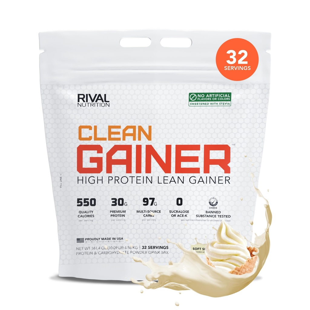 RIVAL NUTRITION Clean Gainer High-Protein Lean Gainer Powder Soft Serve Vanilla 10 Lb I 32 Servings with 550 Calories, 30g Protein, 97g Multi-Source Carbs I Natural Flavors, Clean Ingredients