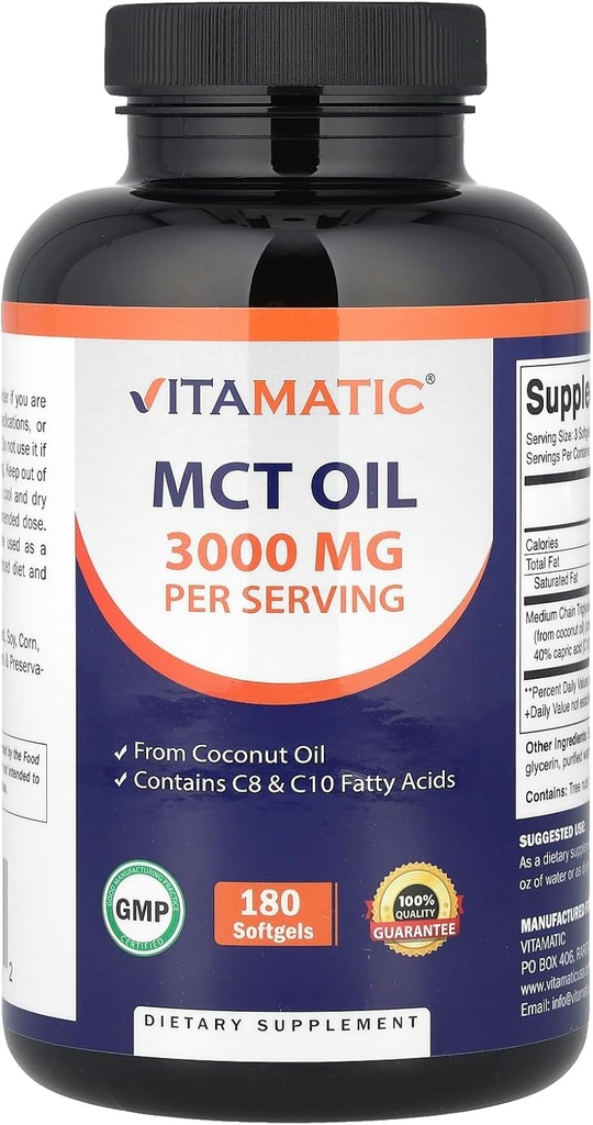 Βιταματικό MCT Λάδι 3000 mg ανά Σερβίρισμα - 180 Softgels - από Λάδι καρύδας - Περιέχει 55% καπρυλικό οξύ C8 και 40% καπρικό οξύ C10