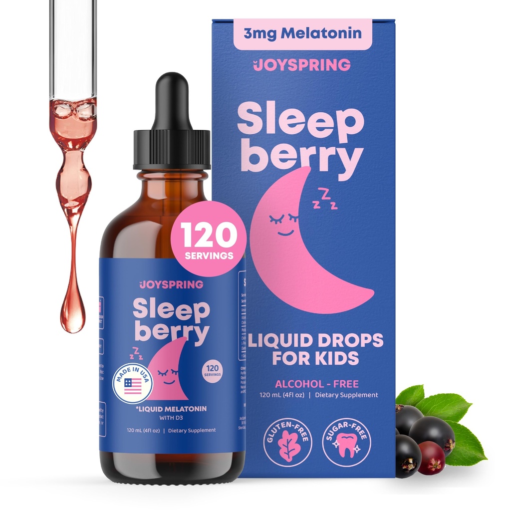JoySpring SleepBerry - Παιδικό υγρό μελατονίνης - 3MG μελατονίνης με D3 και Elderberry - Sugar-Free Liquid for Kids & Teens – Gentle Natural Sleep Support Formula (4 fl oz)
