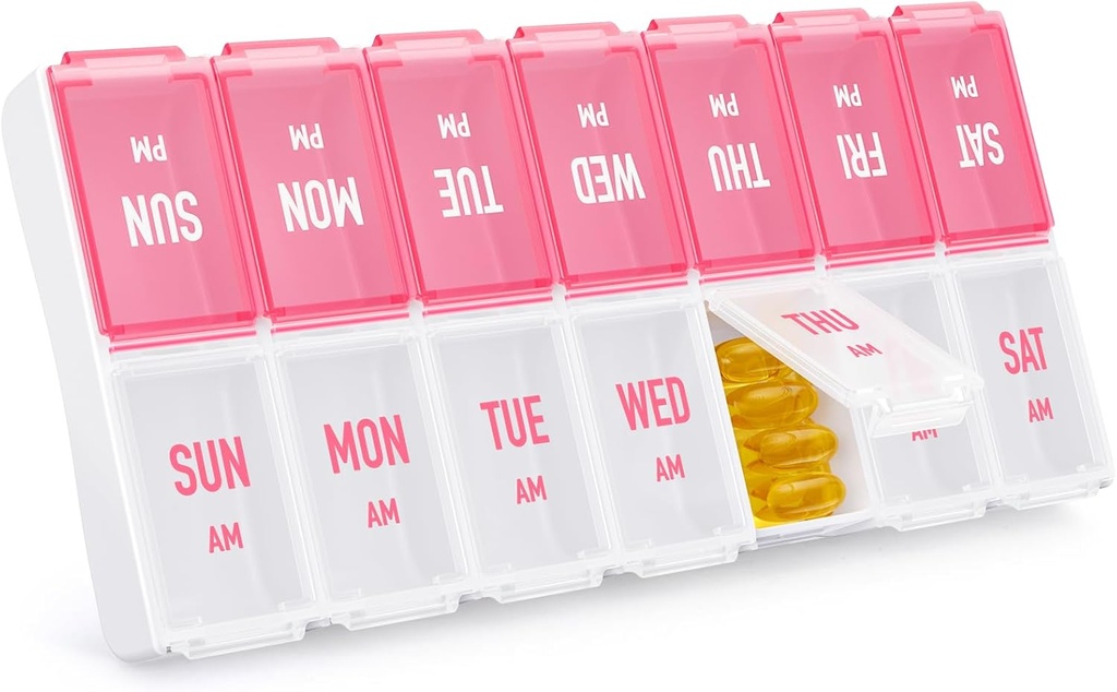 Weekly Pill Organizer 2 φορές την ημέρα, Stylish Pill Box 7 ημέρα π.μ. με μεγάλα διαμερίσματα, υπόθεση χάπι εύκολο στη χρήση, BPA-free Pill δοχείο για βιταμίνες, ιχθυέλαια, συμπληρώματα, φάρμακα, ροζ