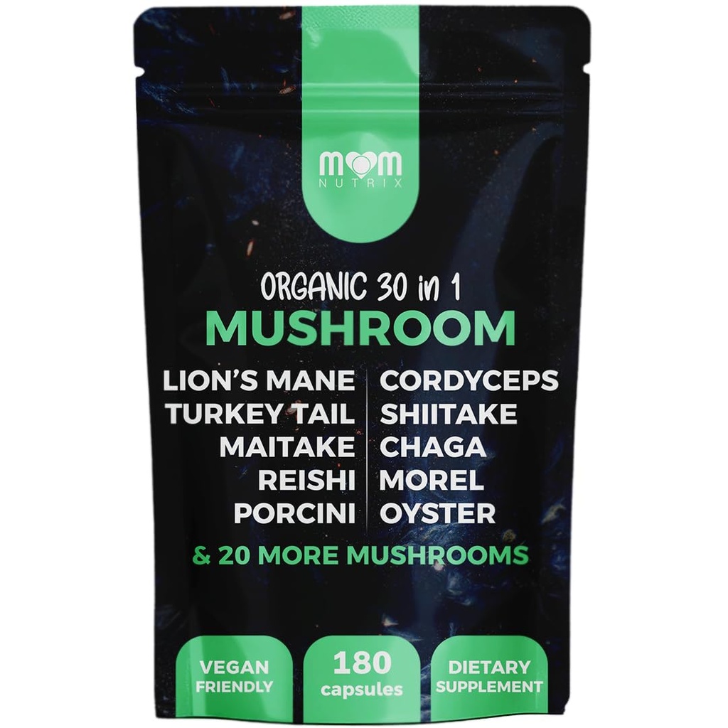 MOM NUTRIX 30 in 1 Ultimate Mushroom Supplement - 180 Mushroom Capsules, Organic - Lion’s Mane, Cordyceps, Chaga, Reishi, Turkey Tail, Mitake, Shiitake & More - Brain & Immune Support