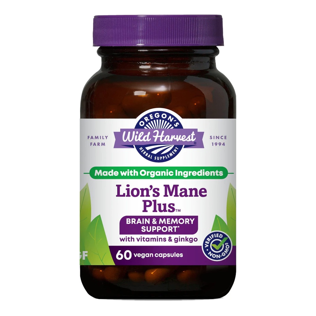 Oregon's Wild Harvest Lion's Mane Plus Brain & Memory Support with Vitamins & Ginkgo, Organic, 60 Count