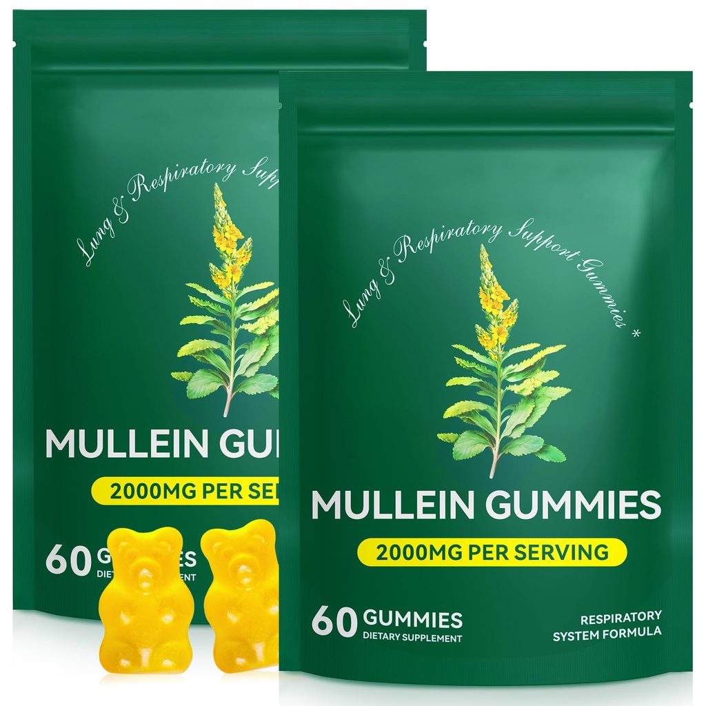 Mullein Gummies for Lungs Detox, 2 Pack Mullein Leaf Extract for Lung Cleanse, Respiratory & Immune Support, Natural Herbal Supplement, Vegan, Pear Flavor, 60 Serving