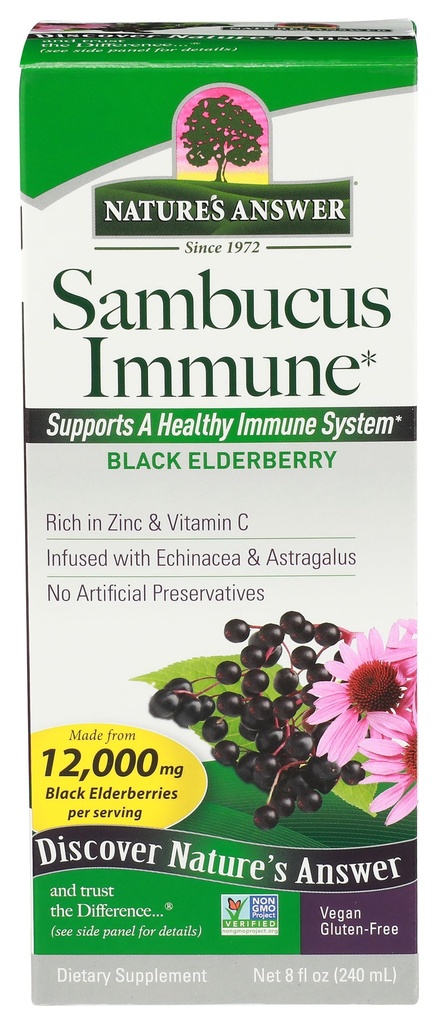 Nature's Answer Alcohol-Free Sambucus Immune Support, 8 Fluid Ounce - Made from 12,000 mg Black Elderberry, Infused with Echinacea and Astragalus Zinc and Vitamin C