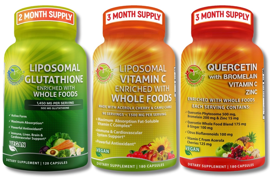 ΣΥΜΠΛΗΡΩΜΑΤΑ STUDIO Immune Support Bundle – Liposomal Vitamin C 1500mg + Liposomal Glutathione 500mg + Quercetin με Bromelain, Zinc & Vitamin C – Vegan, Μη ΓΤΟ, Ενισχυμένη Απορρόφηση Φόρμουλες
