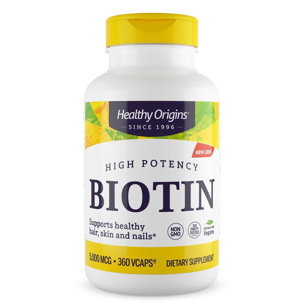Healthy Origins Biotin 5,000 mcg (5 mg), 360 Veggie Capsules - High Potency USP Grade Vitamin B7 Supplement - Supports Healthy Hair Growth, Strong Nails & Glowing Skin - Non-GMO, Vegan & Gluten-Free