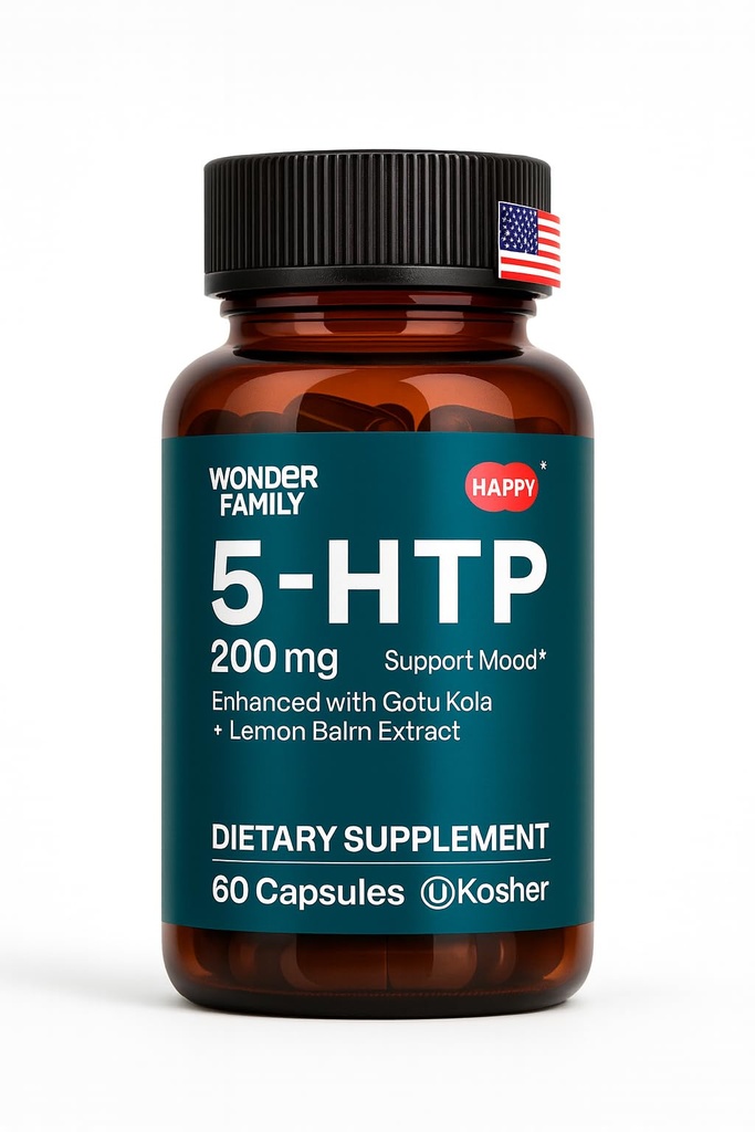 WONDER FAMILY 5 HTP 200mg - with Vitamin B6 100mg, Gotu Kola - Wellbeing Supplement for Women, Men - 2X Potency of 5HTP 100mg, 4X of 5-HTP 50mg - Deep Sleep Supplement - 60 5HTP 200mg Capsules