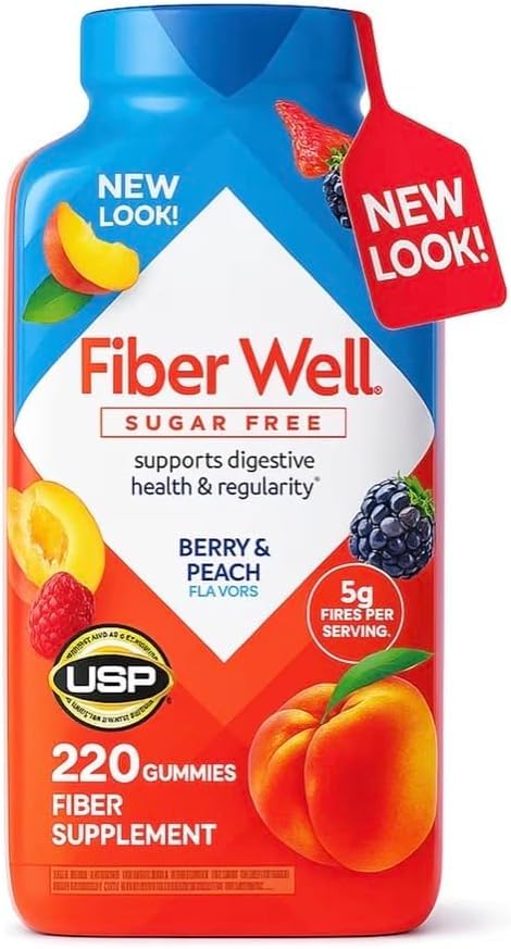 Vita Fiber Well Gummies Sugar Free | Berry & Peach Flavors (220 Count) Daily Fiber Supplement with Prebiotic Support | Adult Gummy Vitamins for Digestive Health & Regularity
