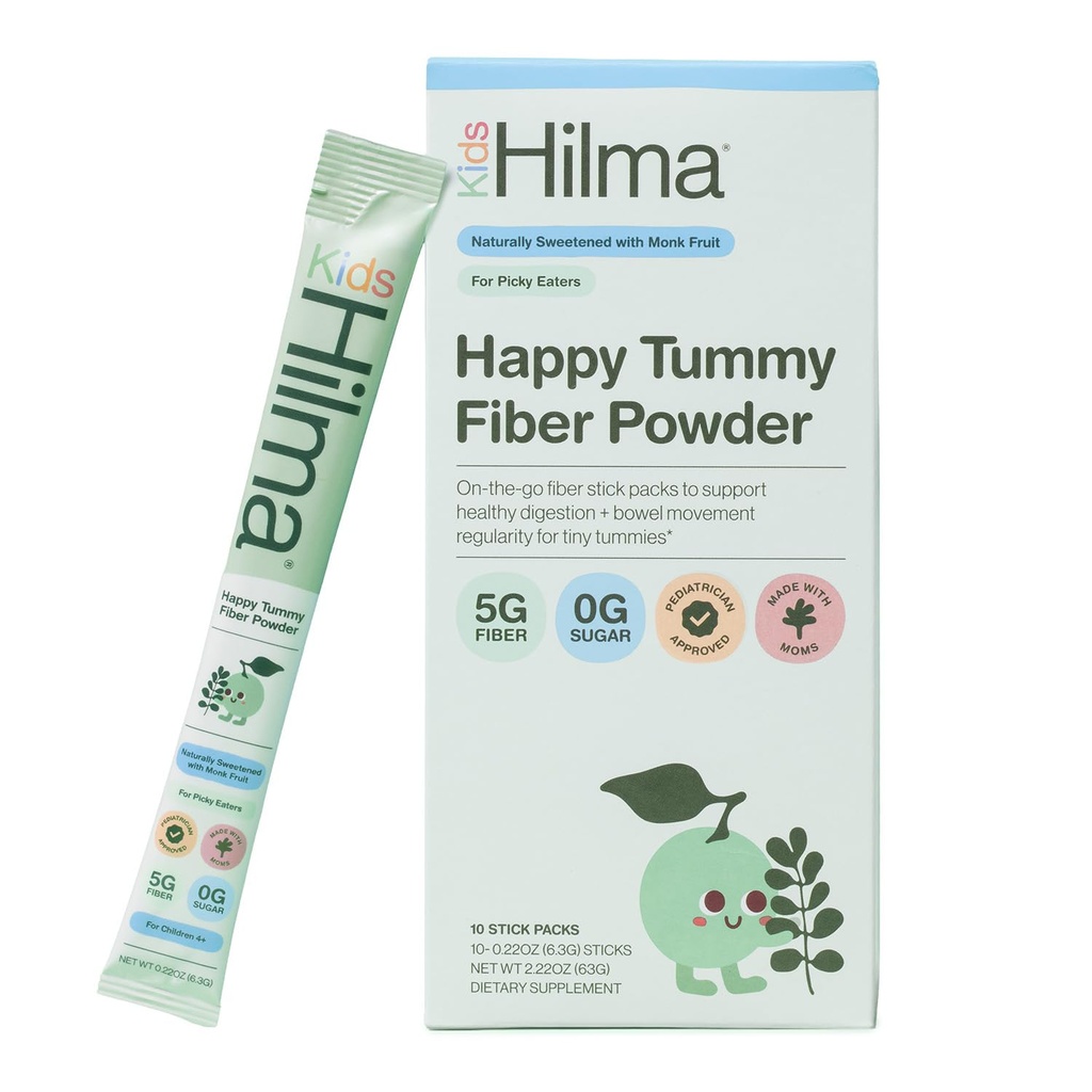 Hilma Happy Tummy Fiber Powder - Kids Fiber Supplement for Gut Health, Digestive Support & Occasional Constipation Relief, with Prebiotics from Acacia Powder - 10 Packets