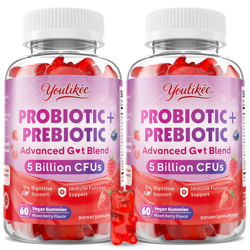 2 Pack Prebiotic + Probiotic Gummies for Women and Men, Probiotic Gummies Supports Gut Health, 5 Billion CFUs with Fibers, Vegan, Sugar-Free, 120 Count