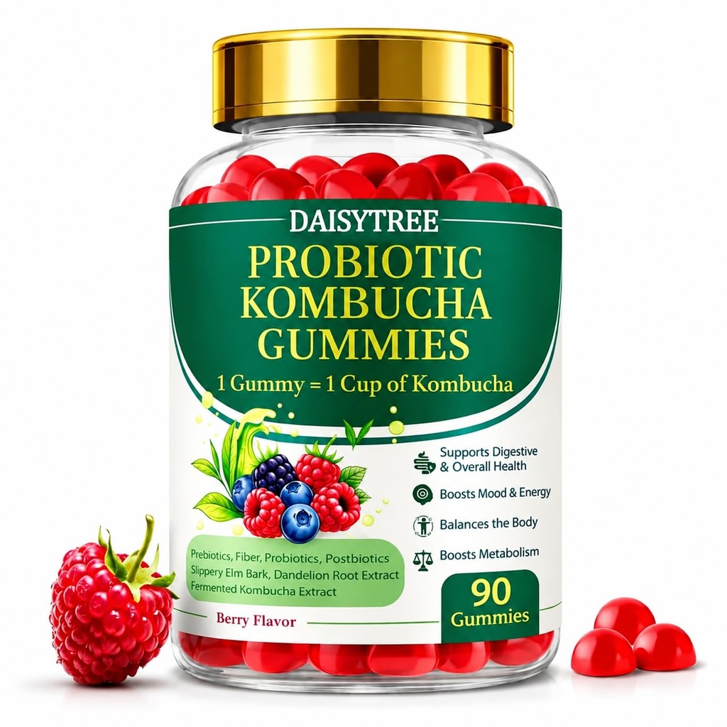 Probiotic Kombucha Gummies - Prebiotics, Probiotics, Postbiotics, Fiber Supplement, Slippery Elm, Dandelion Root, for Bloating, Gut Health - Probiotics for Women and Men