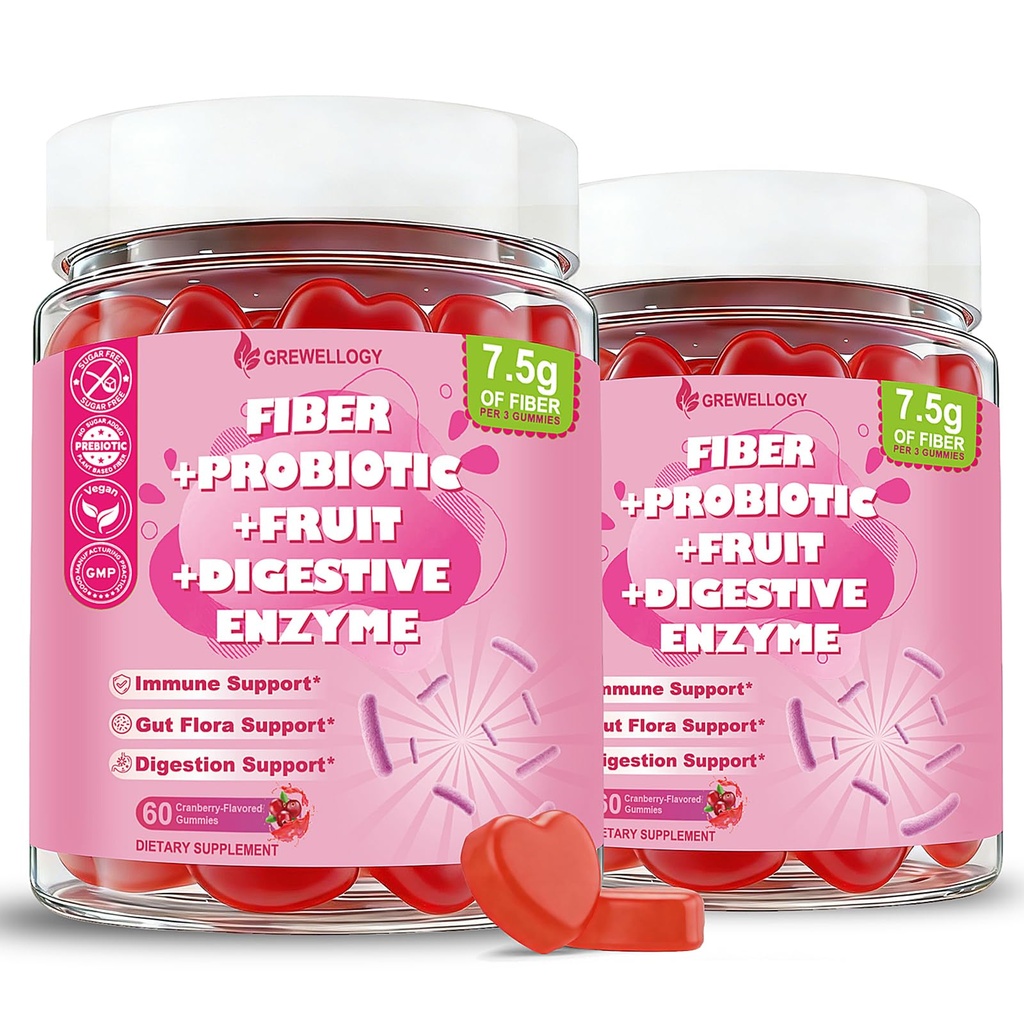 Fiber Gummies 7500mg, Probiotics & Digestive Enzymes, Sugar-Free, Vegan & Gluten-Free Supplement for Gut Health, Bloating Support & Regularity, High Potency Daily Adult (60 Count (Pack of 2))