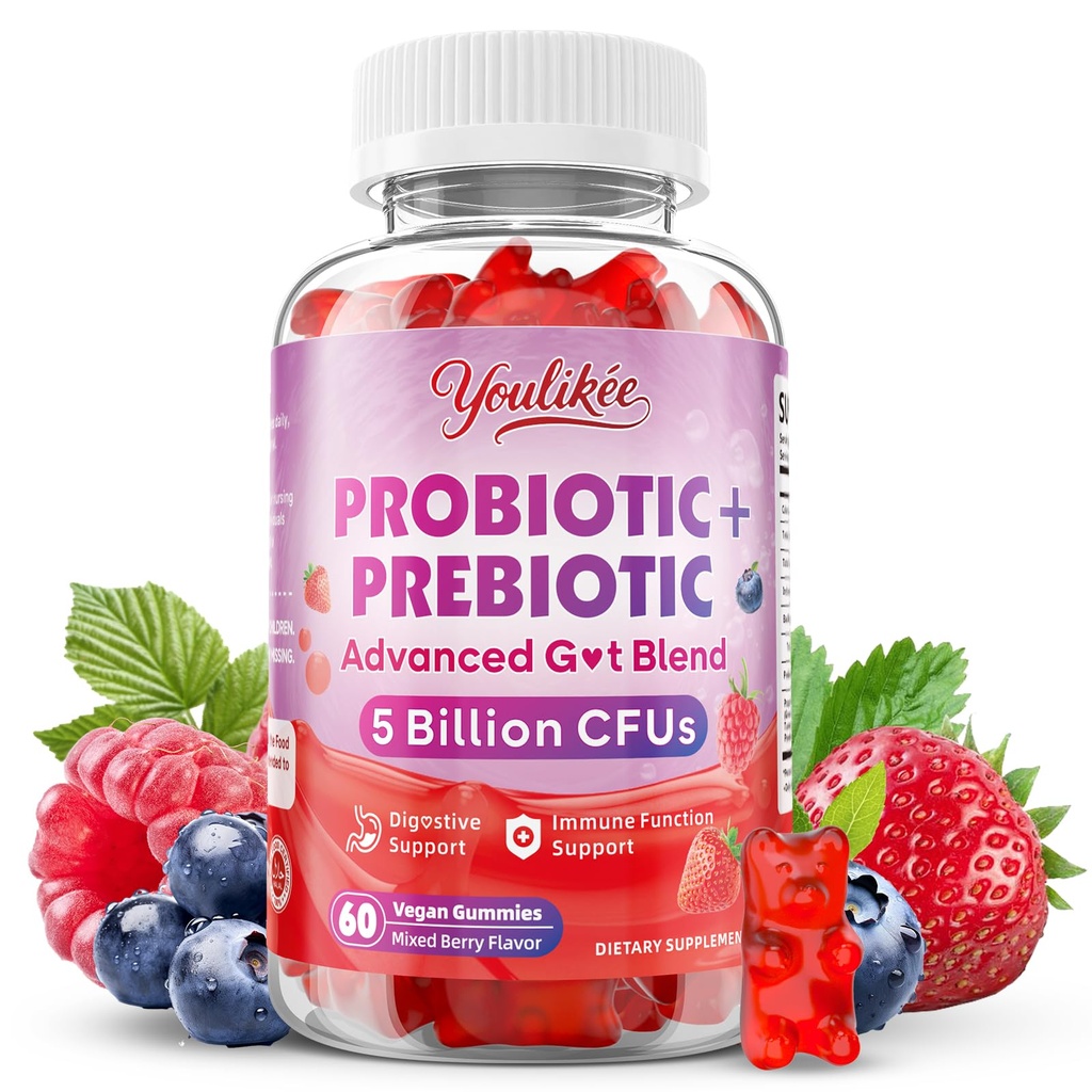 Prebiotic + Probiotic Gummies for Women and Men, Probiotic Gummies Supports Gut Health, 5 Billion CFUs with Fibers, Vegan, Sugar-Free, 60 Count