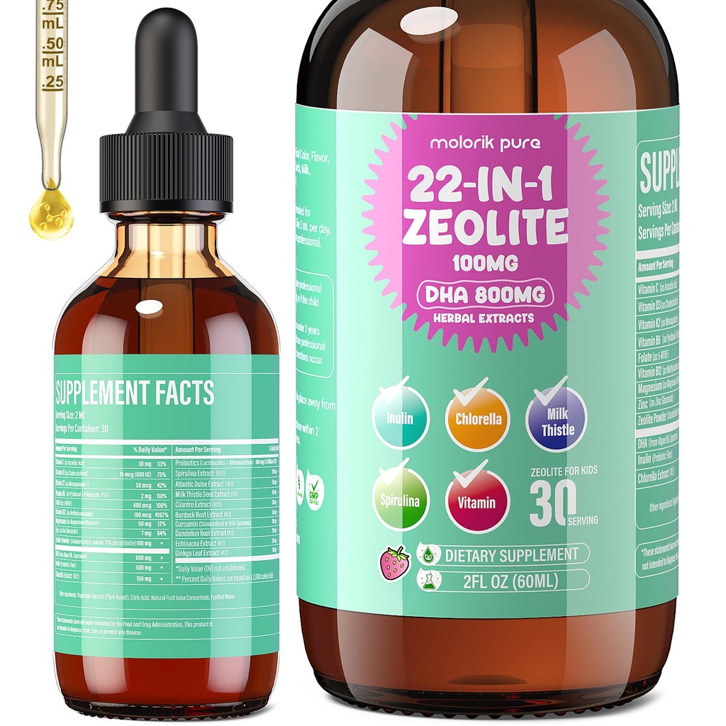 Zeolite Detox for Kids and Adults, Herbal Detox with 800mg DHA, 500mg Inulin, Probiotics & Vitamin B12, D3, C, B6, Cilantro Extract Cleanse to Support Brain, Immune, Gut, Energy, Strawberry, 60ML