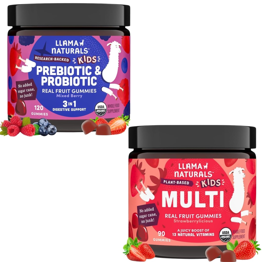 Llama Naturals Kids Probiotic with Prebiotic Fiber Mixed Berry, 120 Ct and Kids Multivitamin Gummies Strawberry, 90 Ct