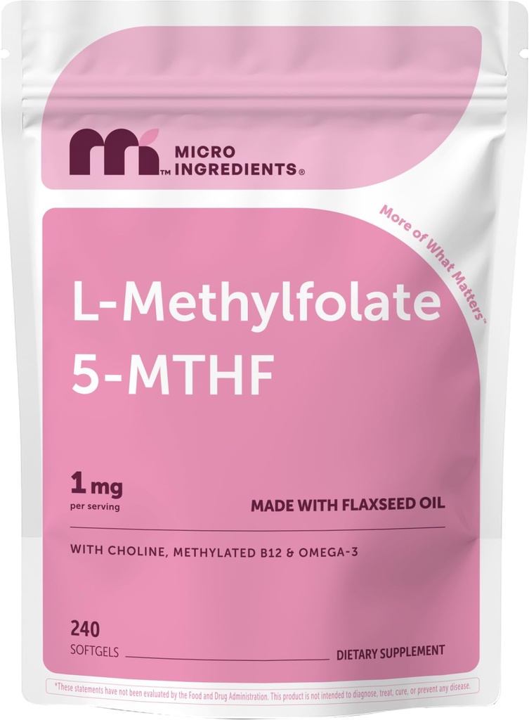 Micro Ingredients L-Methylfolate, 240 Softgels | Active 5-MTHF Methylated Vitamin B9 with Methylated B12, Choline | Made with Flaxseed Oil | Non-GMO, Gluten Free