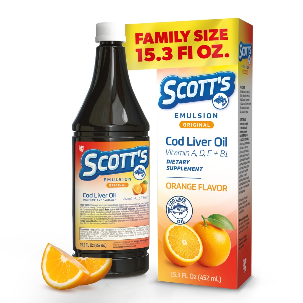 SCOTT'S EMULSION Cod Liver Oil Liquid for Kids | Omega 3 Fish Oil for Kids with Vitamins A, D & E | Orange Flavor Fish Emulsion | Family Wellness & Immune Support Supplement | 15.3 Fl Oz | 1-Pack
