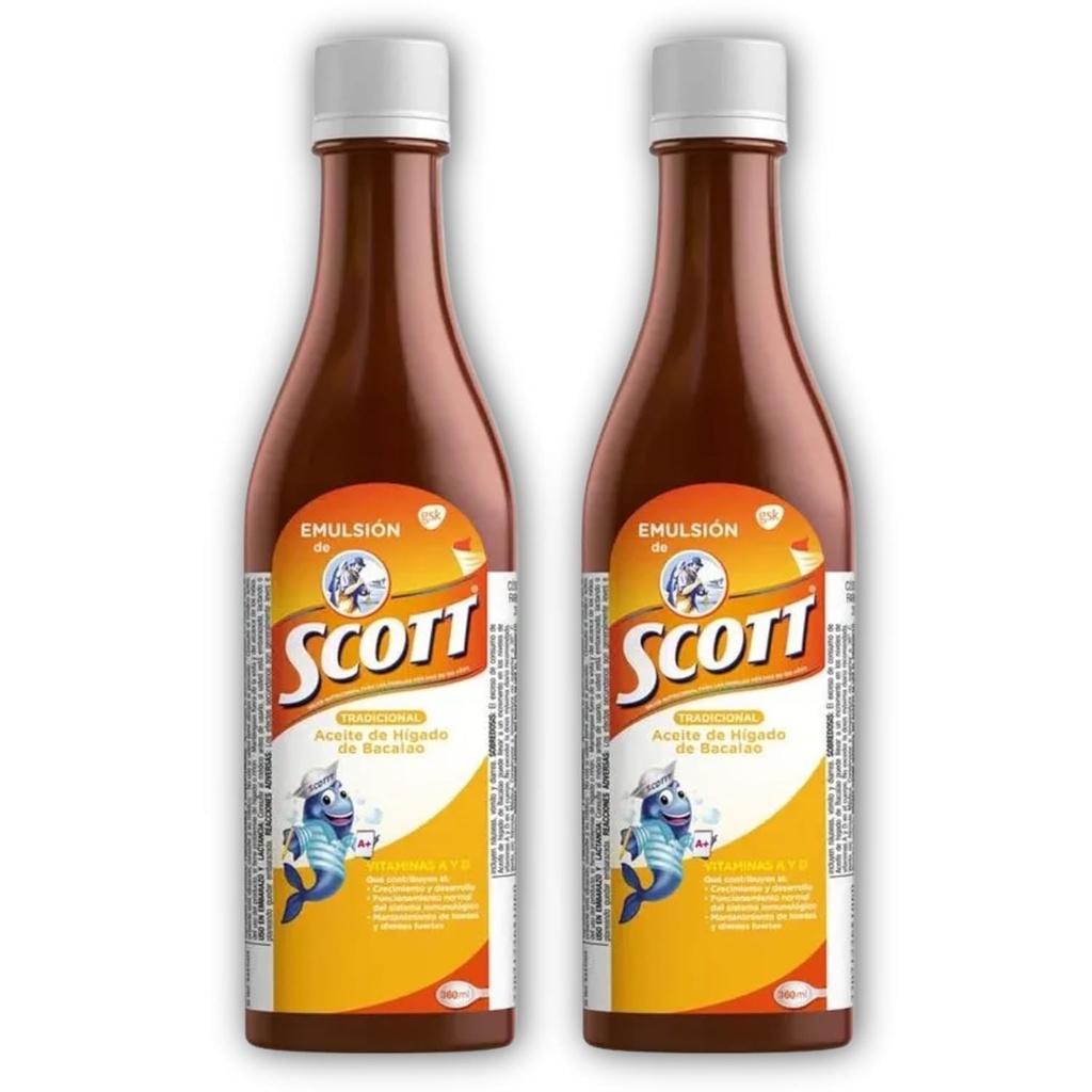 Emulsion de Scott Aceite de hígado de bacalao sabor tradicional Pack de 2 de 6.1 fl oz - 180 ml - Suplemento dietético para niños con vitamina A y Calcio.