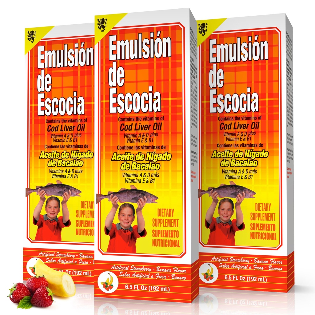 Emulsion de Escocia Strawberry Banana Flavor with Vitamins and Cod Liver Oil for Kids and Adults | Pleasant Taste | Immune and General Health Support | 6.5 Oz | 3-Pack