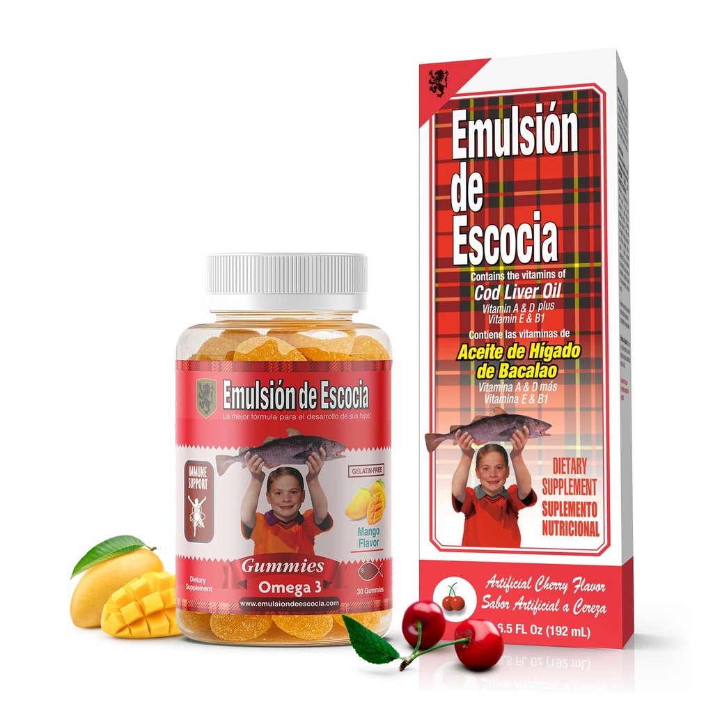 Emulsion de Escocia Kids Immune Bundle – Cherry Cod Liver Oil 6.5 Fl Oz + Omega-3 Vitamin Gummies – Fish Oil with Vitamins A, D, E & B1 – Immune Support & Growth for Children – Great Taste
