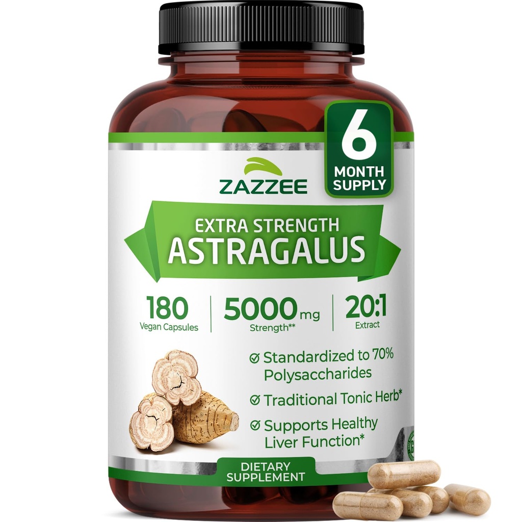 Zazzee Extra Strength Astragalus Root 20:1 Extract, 70% Polysaccharides, 180 Vegan Capsules, 6 Month Supply, Astragalus Membranaceus, Immune System Support, Non-GMO, Herbal Supplement, Made in the USA
