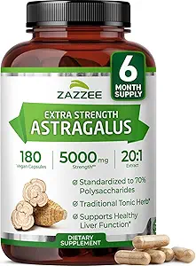 Zazzee Extra Strength Astragalus Root 20:1 Extract, 5000 mg Δύναμη, 70% Πολυσακχαρίτες, 180 κάψουλες Vegan, 6μηνη προσφορά, 100% χορτοφαγική, τυποποιημένη και συμπυκνωμένη εκχύλισμα 20X, μη ΓΤΟ