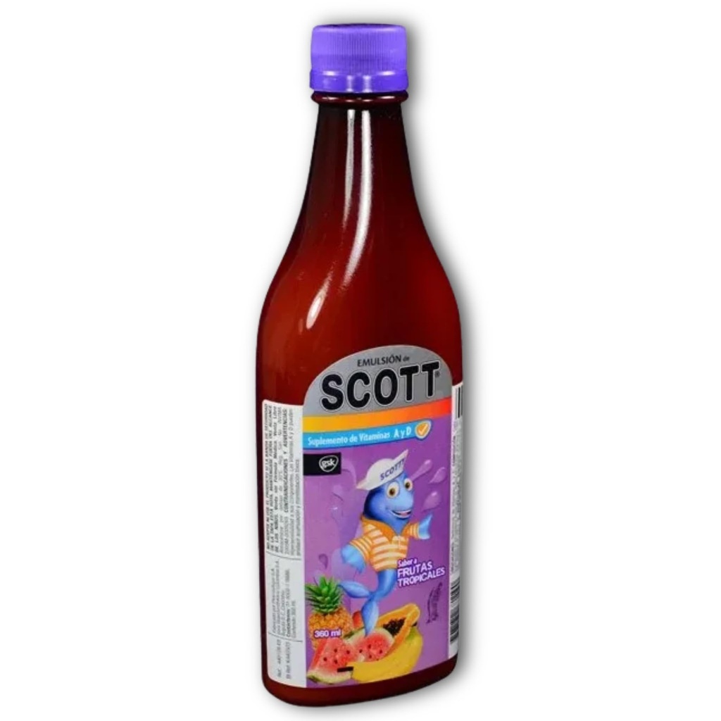 Emulsion de Scott - Sabor Frutas Tropicales (tropical fruit) (360 ml - 12.17 Fl Oz) - Aceite de hígado de bacalao - con vitamina A y Calcio, suplemento dietético para niños, despensa Colombiana